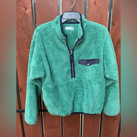 ANINE BING ❥ Sierra Green Sherpa Teddy Pullover half zip Sweatshirt M - Picture 2 of 10